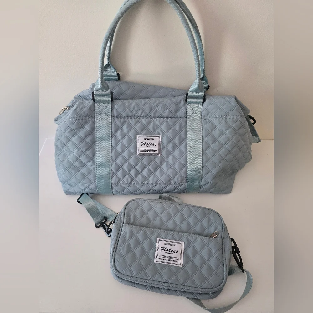 Blue Quilted Weekender Travel Bag + Matching Crossbody Set - Picture 1 of 8